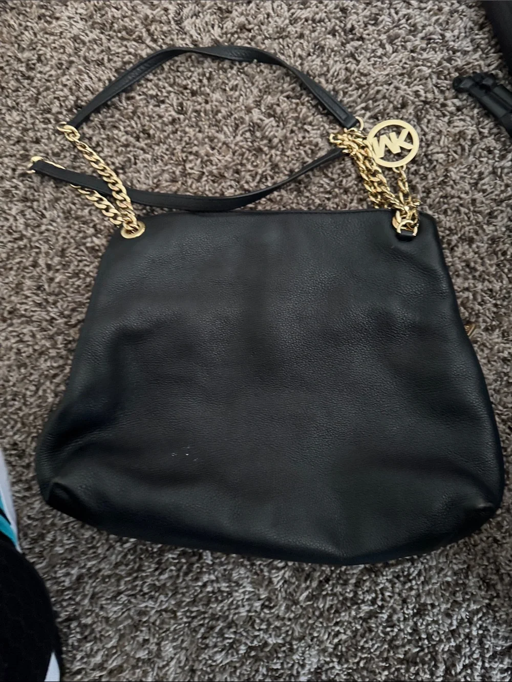 Michael Kors Black Leather Shoulder Bag with Gold Chain Trim